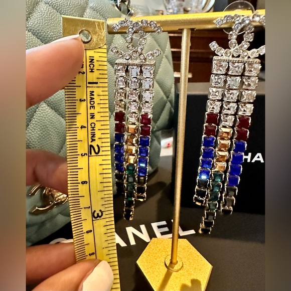 Authentic Chanel CC Drop Earrings Multicolor Crystal Embellished Metal - Picture 10 of 10